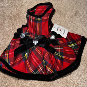 Red Tartan Plaid Christmas Dress with bows and Gems for Dogs Size Small